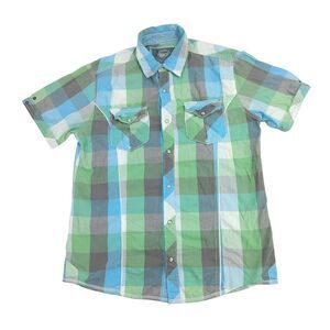 BKE Men's Slim Fit Shirt Large Plaid Short Sleeve Western Pearl Snap